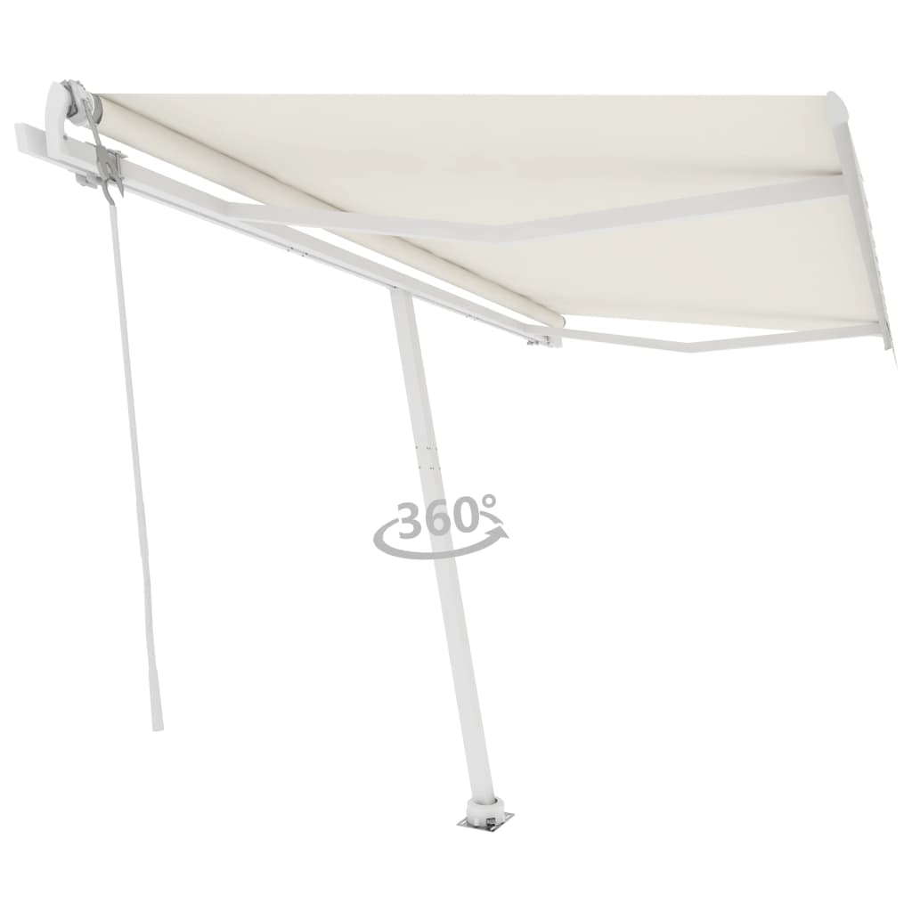 Cream freestanding automatic retractable awning with aluminum frame and 360-degree base rotation