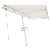 Cream freestanding automatic retractable awning with aluminum frame and 360-degree base rotation