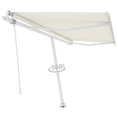 Cream freestanding automatic retractable awning with aluminum frame and 360-degree base rotation