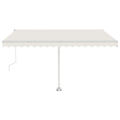 Cream freestanding retractable awning, 157.5x118.1 inches, with crank and pole base.