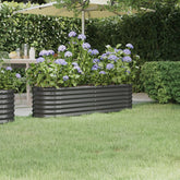 Anthracite powder-coated steel raised garden bed with blooming purple hydrangeas.