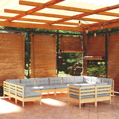 Garden Lounge Set Grey Solid pine wood, 100% polyester Large