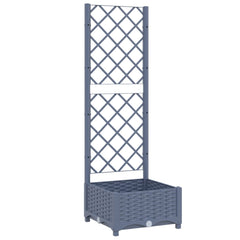 Blue gray garden planter with woven texture and tall trellis for climbing plants