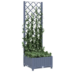 Blue gray PP garden planter with integrated trellis and climbing ivy, measuring 15.7x15.7x47.8 inches.