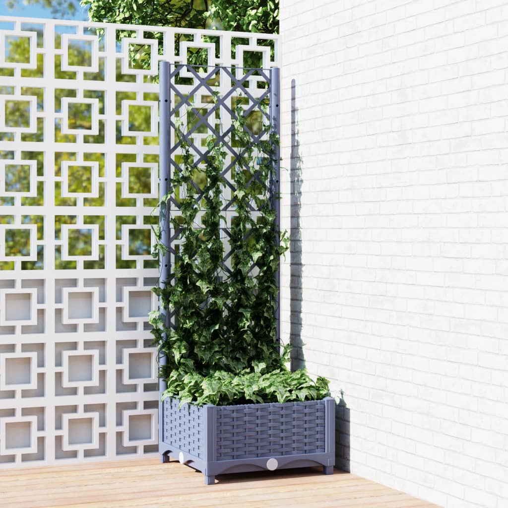 Blue gray PP garden planter with integrated trellis, featuring climbing ivy, measuring 15.7x15.7x47.8 inches.