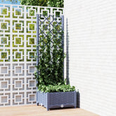 Blue gray PP garden planter with integrated trellis, featuring climbing ivy, measuring 15.7x15.7x47.8 inches.