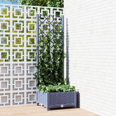 Blue gray PP garden planter with integrated trellis, featuring climbing ivy, measuring 15.7x15.7x47.8 inches.