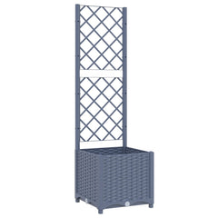 Blue-gray polypropylene garden planter with integrated trellis, measuring 15.7x15.7x53.5 inches.