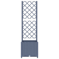 Blue-gray polypropylene garden planter with integrated trellis, measuring 15.7x15.7x53.5 inches.
