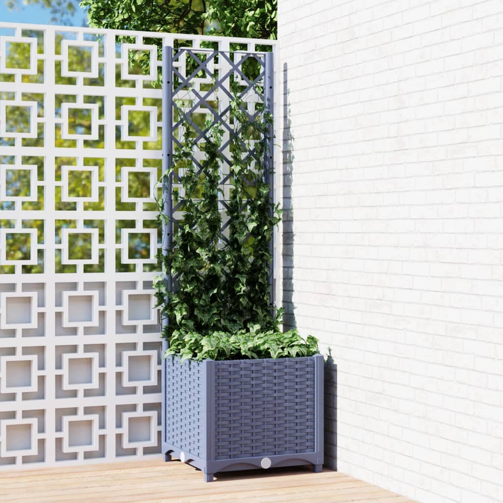 Blue-gray polypropylene garden planter with integrated trellis, measuring 15.7x15.7x53.5 inches, shown with ivy on a patio.