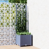Blue-gray polypropylene garden planter with integrated trellis, measuring 15.7x15.7x53.5 inches, shown with ivy on a patio.
