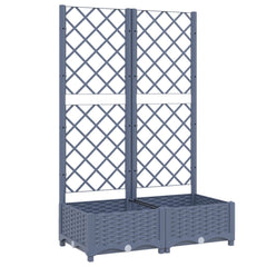 Blue gray polypropylene garden planter with integrated trellis and two base boxes, measuring 31.5x15.7x47.8 inches.