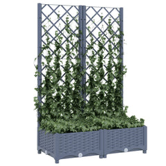 Blue-gray polypropylene garden planter with integrated trellis and climbing vines, measuring 31.5x15.7x47.8 inches.