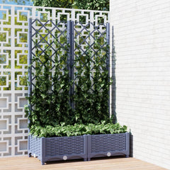 Blue gray polypropylene garden planter with trellis, measuring 31.5x15.7x47.8 inches.