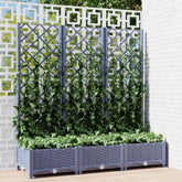 Blue gray PP garden planter with integrated trellis, measuring 47.2x15.7x47.8 inches, supporting climbing ivy plants.