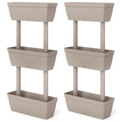 Two taupe stackable garden planters, each 39.4 inches high with three tiers on posts.