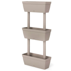 Taupe stackable garden planters, 6 pieces, 39.4 inches high with three tiers.