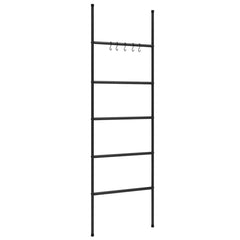Black 5-tier iron towel ladder rack, 22.8 by 68.9 inches, with hooks.