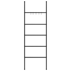 A black iron 5-tier towel ladder rack measuring 22.8 by 68.9 inches with hooks.