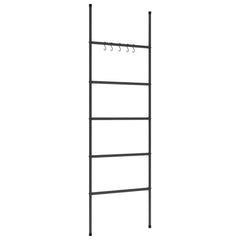 Black 5-tier iron towel ladder rack, 22.8x68.9 inches, with hooks.