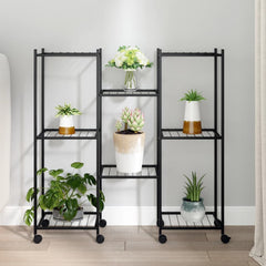 Flower Stand Black Powder-Coated Iron Tall Rollable