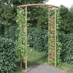 Bamboo garden arch with climbing rose vines, measuring 46.5 by 15.7 by 73.6 inches.