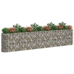 Galvanized iron gabion raised garden bed measuring 185x19.7x39.4 inches with mesh for rocks.