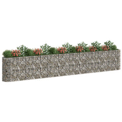 Long galvanized iron gabion raised bed with stone mesh and plants inside, 240x20x40 inches.