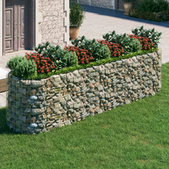Galvanized iron gabion raised bed with stone walls and red flowers in a garden.