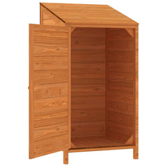Brown solid fir wood garden shed with one open door showing interior storage space