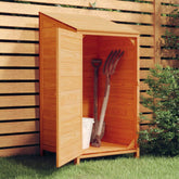 Brown solid fir wood garden shed with open door showing garden tools inside.