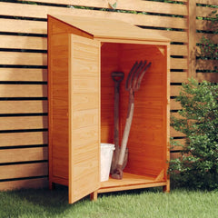 Brown solid fir wood garden shed with open door showing garden tools inside.