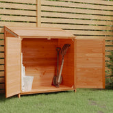 Brown solid fir wood garden shed with open doors, storing tools and a bucket, against a wooden fence.