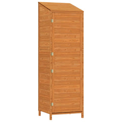 Brown solid fir wood garden storage shed with a sturdy frame and wall attachment.
