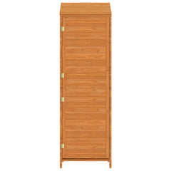 Brown solid fir wood garden storage shed with a sturdy frame and wall attachment for stability.