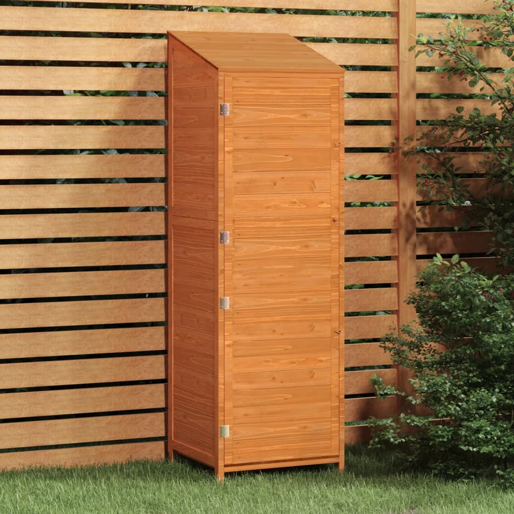 Brown solid fir wood garden storage shed with a sturdy design and wall attachment for stability.