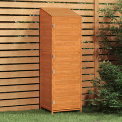 Brown solid fir wood garden storage shed with a sturdy design and wall attachment for stability.