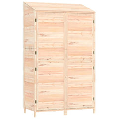 Tall garden shed made of solid fir wood with double doors and a slanted roof.