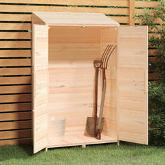 Wooden garden shed with open doors showing tools and a metal bucket inside.