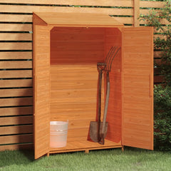 Brown solid fir wood garden shed with open doors revealing stored tools.