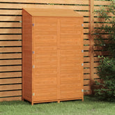 Brown solid fir wood garden shed, 40.2x20.5x68.7 inches, with sloped roof and double doors.