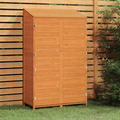 Brown solid fir wood garden shed, 40.2x20.5x68.7 inches, with sloped roof and double doors.