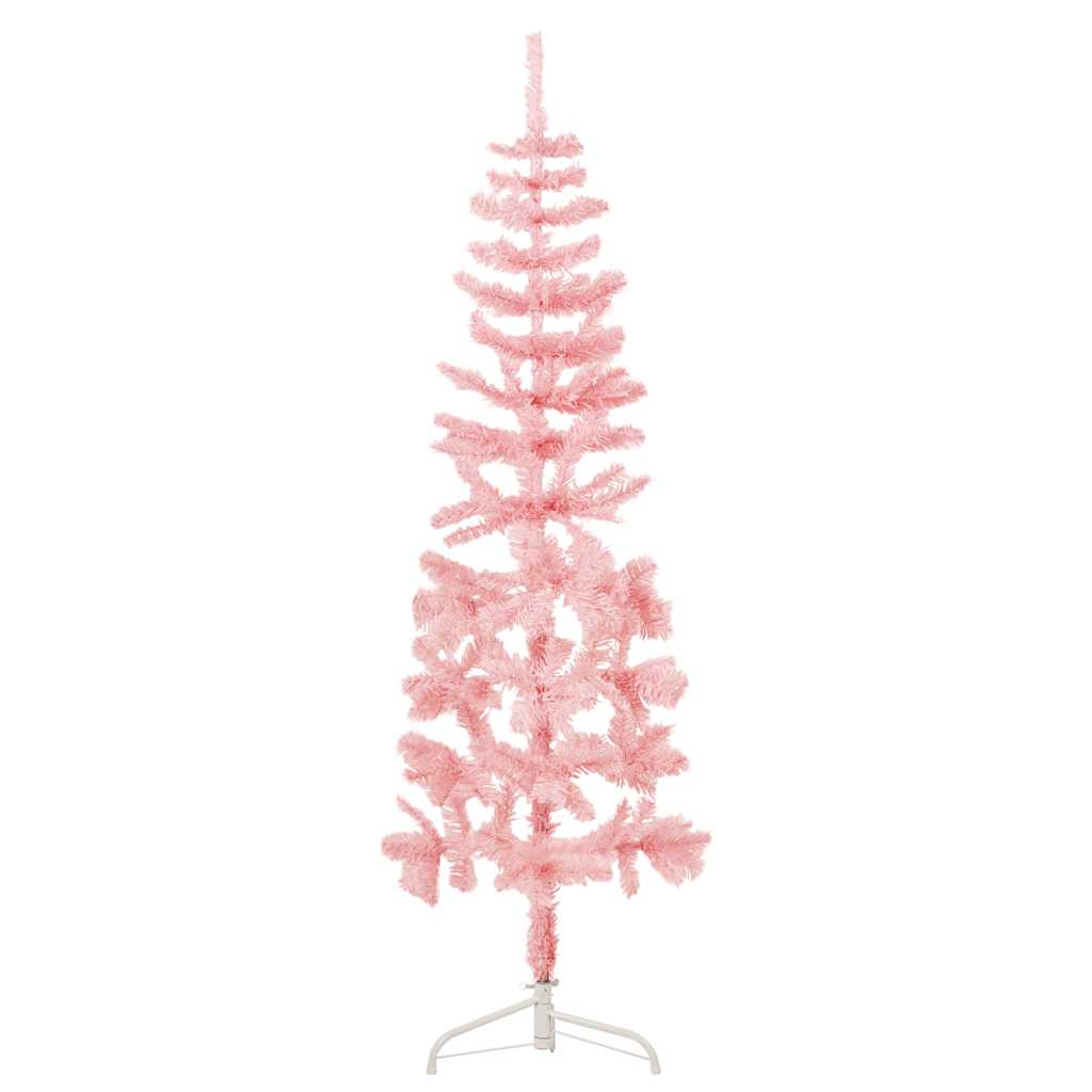 A slim 4 ft pink artificial half Christmas tree on a white stand.