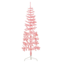 A slim 4 ft pink artificial half Christmas tree on a white stand.