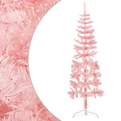 Slim 4 ft pink artificial half Christmas tree with PVC branches and steel stand.