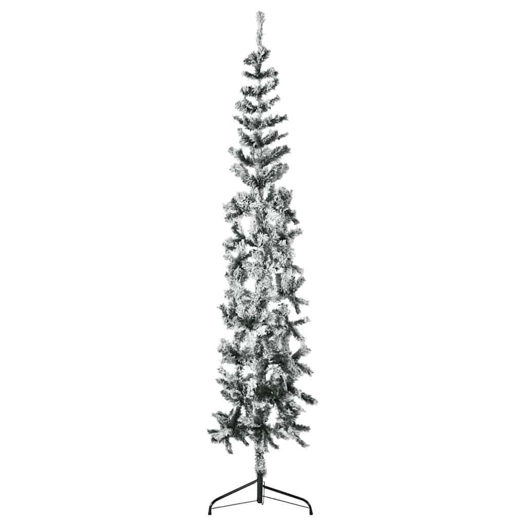 8ft slim half Christmas tree with snow-flocked tips and a sturdy green steel stand.