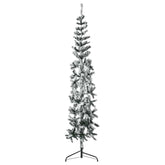 8ft slim half Christmas tree with snow-flocked tips and a sturdy green steel stand.