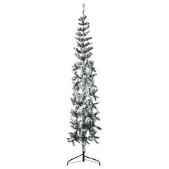 8ft slim half Christmas tree with snow-flocked tips and a sturdy green steel stand.