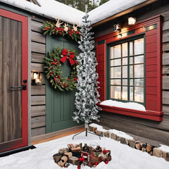 8ft slim half Christmas tree with snow-flocked tips and a sturdy green steel stand.