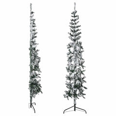 An 8ft slim half Christmas tree with snow-flocked tips and a sturdy green stand.